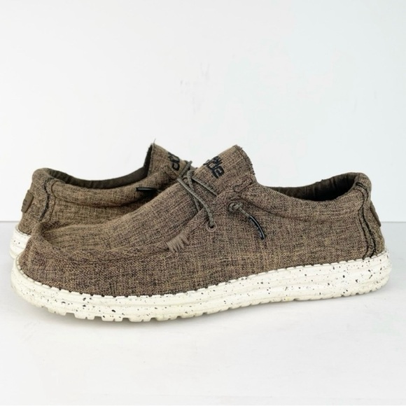 Hey Dude Wally Eco Linen Dark Brown Slip On Casual Moc Chukka Canvas Shoes - Picture 1 of 13